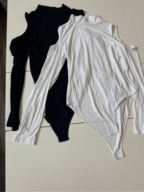 Long Sleeve Cold-Shoulder Bodysuits - White and Black